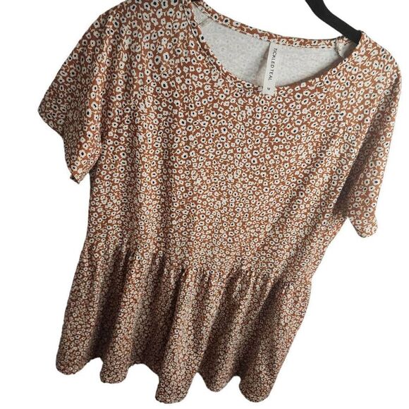 Tickled Teal Boho Poppy Print Fall Floral Short Sleeve Top Size Medium - Picture 3 of 9